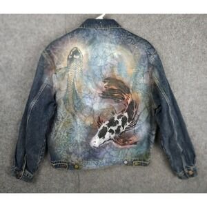 Vintage Wrangler Jacket Men's Medium Blue Hand Painted Art Koi Fish Amazing WOW